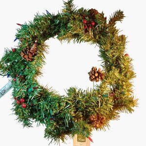 Pre Lit Pine Wreath Multi Color Lights Pinecones New 24 Inch